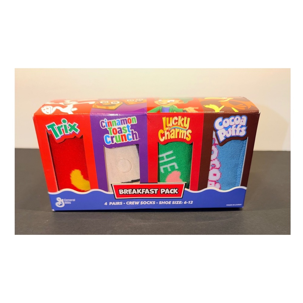 General Mills Breakfast Pack Crew Socks 4 Pairs Trix Lucky Charms Shoe Size 6-12
